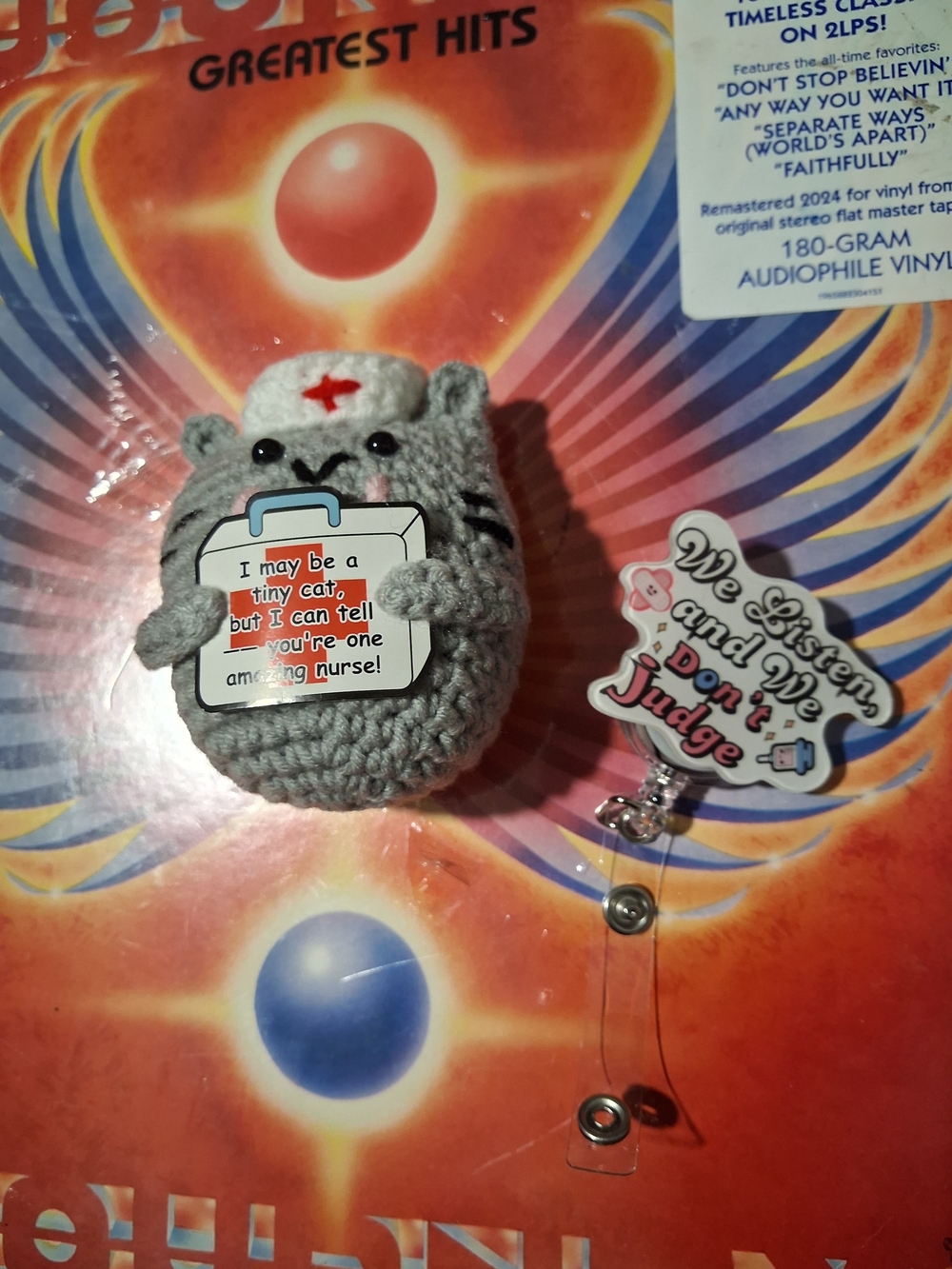 Handmade Gray Crochet Pusheen Nurse Plush with Badge Reel